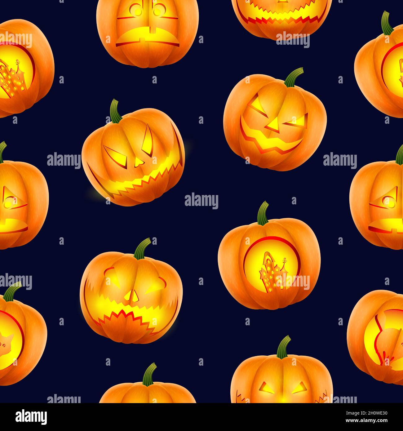 Motivo di Halloween senza cuciture. Zucche con muserine spaventose intagliate. Stile realistico su sfondo nero. Vettore. Illustrazione Vettoriale