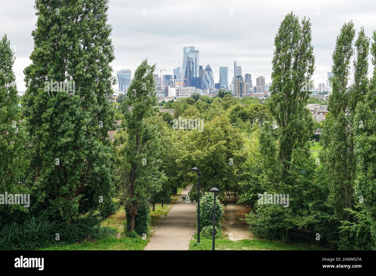 Vista della città di Londra da Stave Hill a Londra, Inghilterra, Regno Unito, Regno Unito Foto Stock