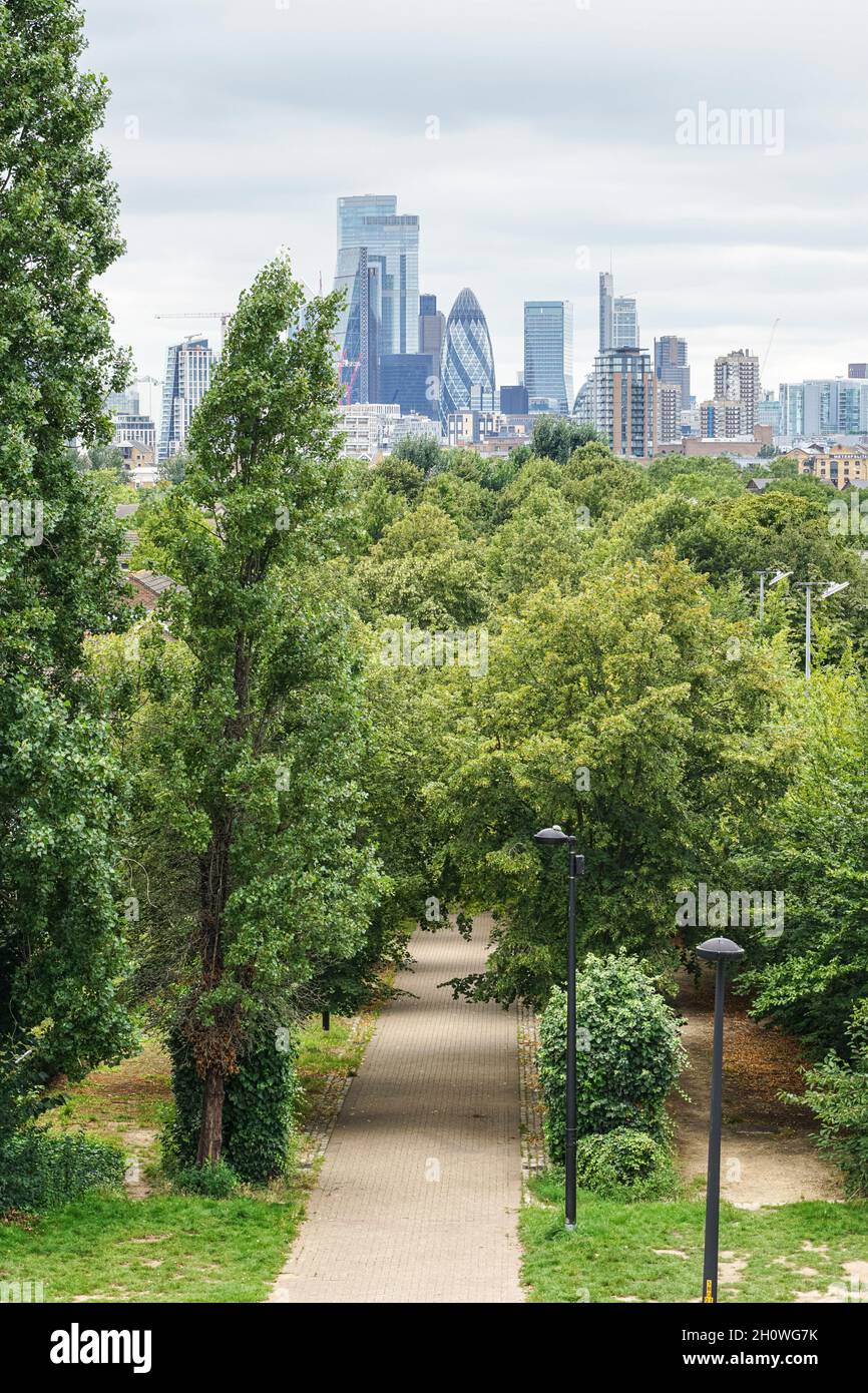 Vista della città di Londra da Stave Hill a Londra, Inghilterra, Regno Unito, Regno Unito Foto Stock
