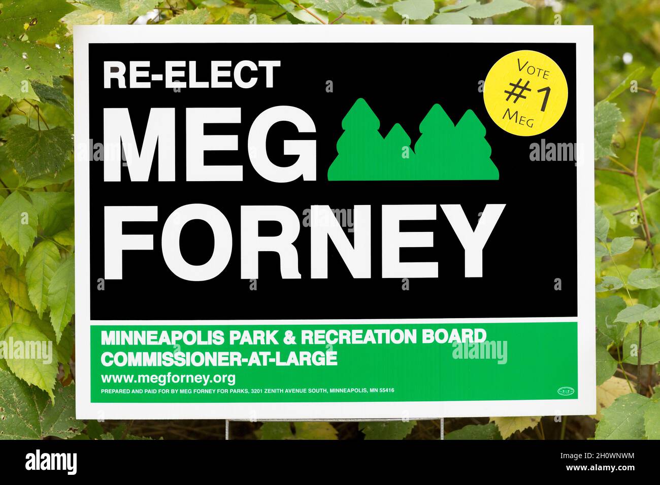 Cartello politico del Minnesota che sostiene il voto e la rielezione di Meg Forney per Minneapolis Parks & Recreation Board Commissioner-at-Large Foto Stock