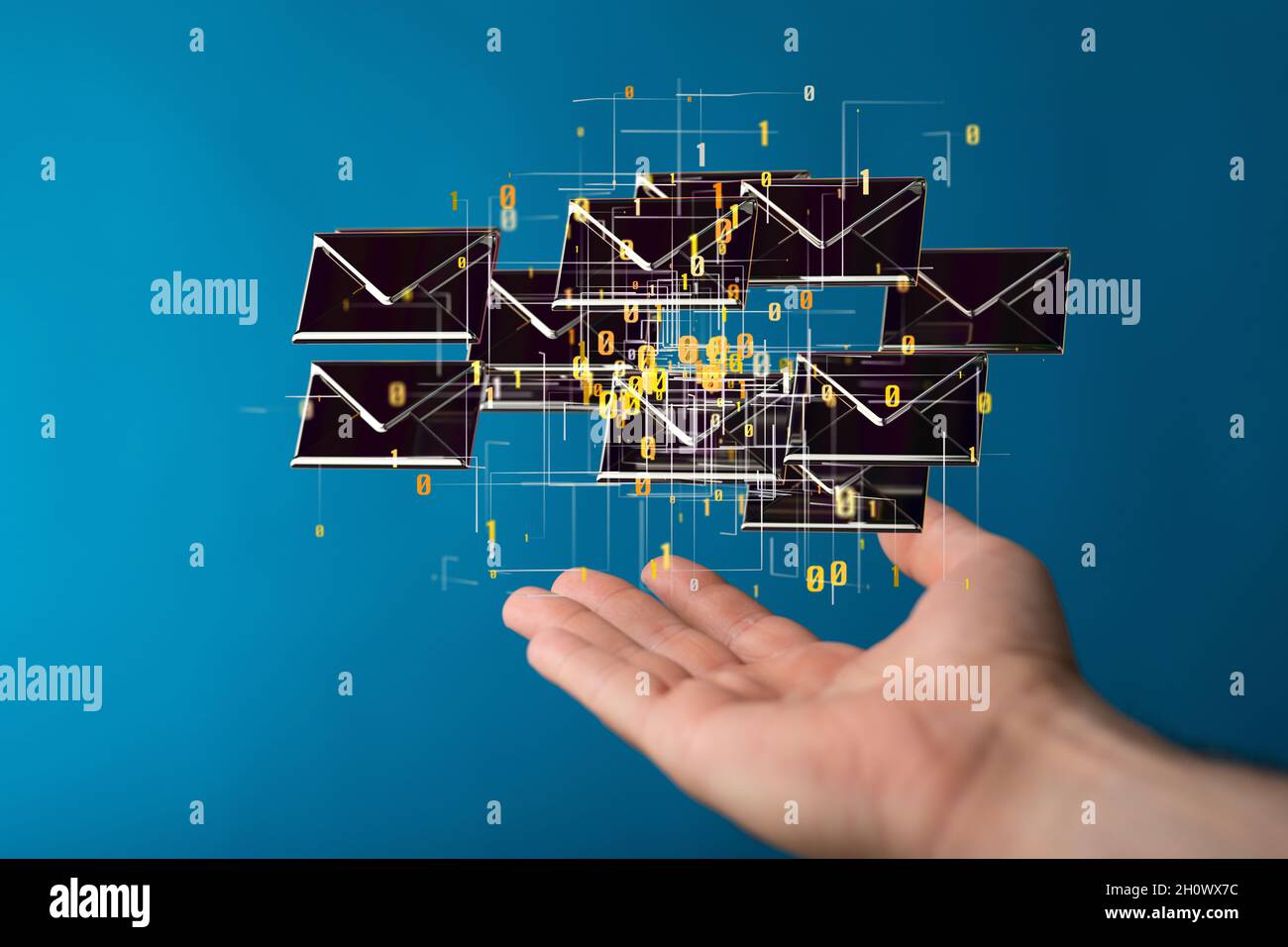 Con il mouse a mano, le icone e-mail di rendering 3D vengono visualizzate con numeri binari Foto Stock