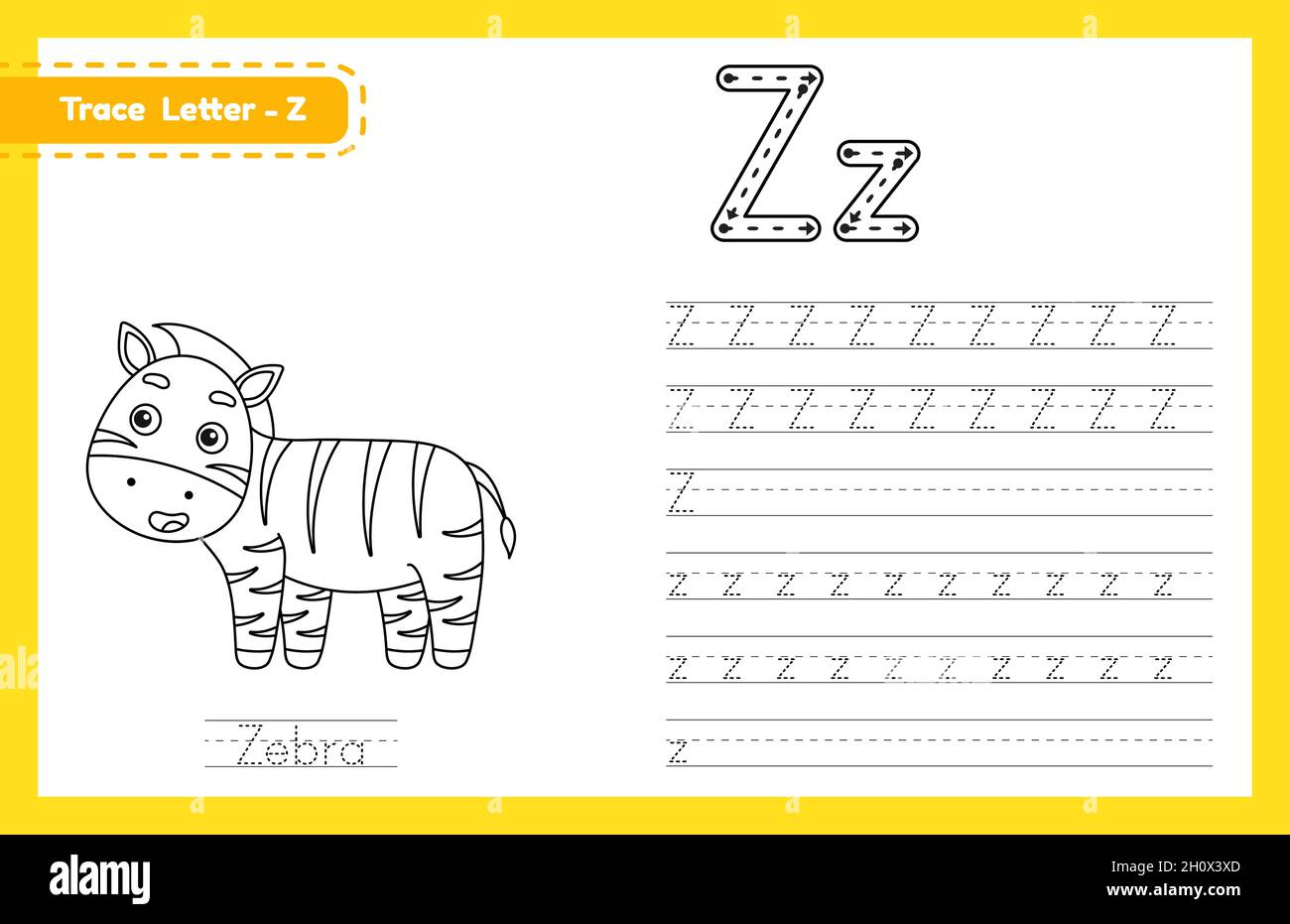 Tracciare la lettera Z maiuscola e minuscola. Foglio di lavoro di pratica di calcolo dell'alfabeto per i bambini che imparano l'inglese con animale carino dei cartoni animati. Boo da colorare Illustrazione Vettoriale