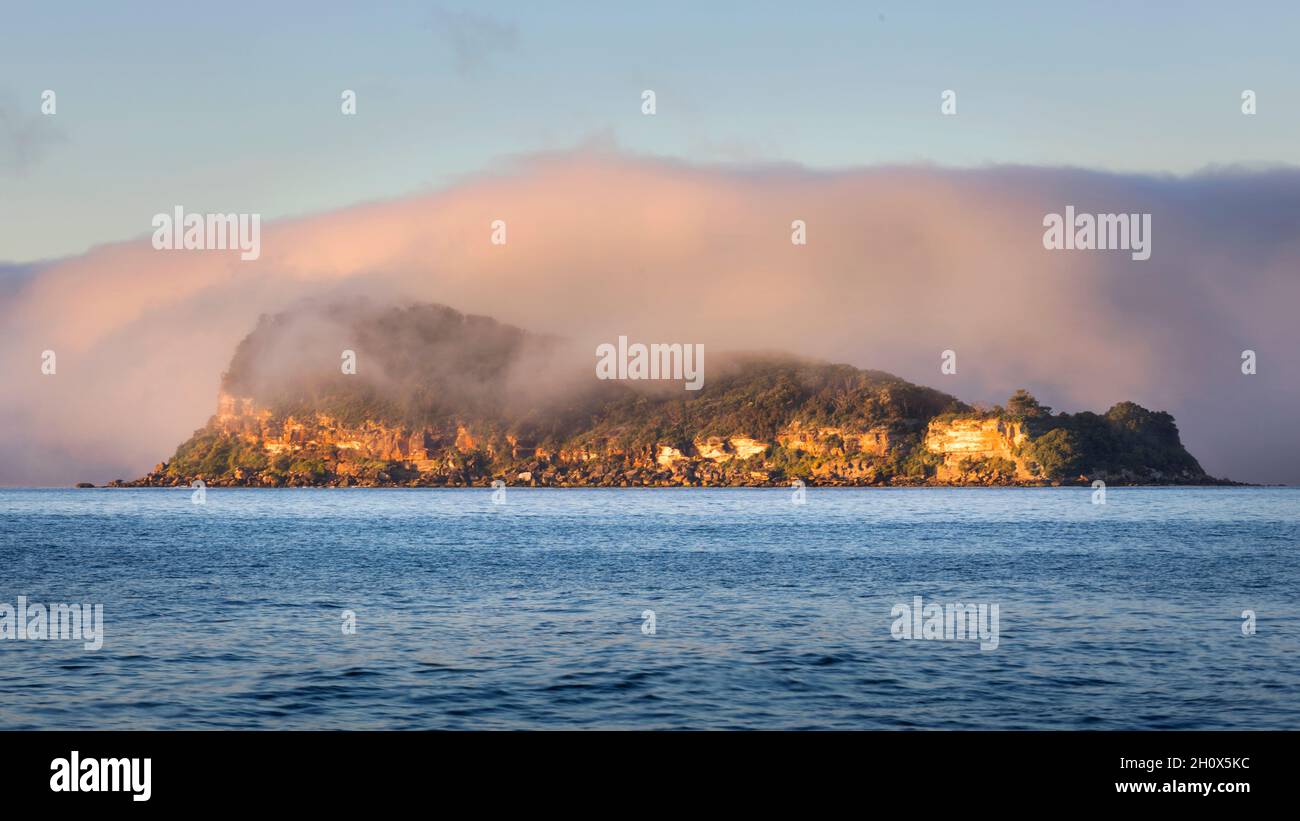 Nuvola bassa e nebbia sulla cima di Lion Island sulla costa centrale del NSW Foto Stock