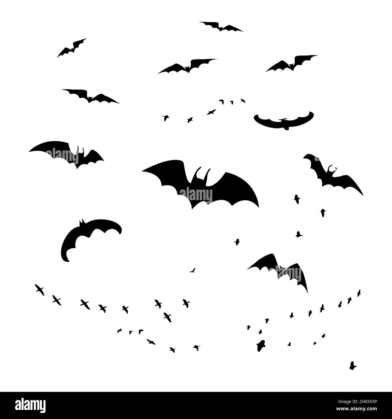 Horror bats gruppo isolato su sfondo bianco. Set di creature notturne Flittermouse. Blsck silhouettes di volo pipists.Traditional Halloween symbol.Vector Illustrazione Vettoriale