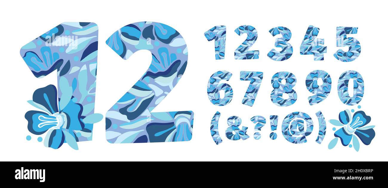 Numeri vettoriali di fiori d'arte da 0 a 9. Modello di Natale a forma di numeri in grassetto. Illustrazione Vettoriale