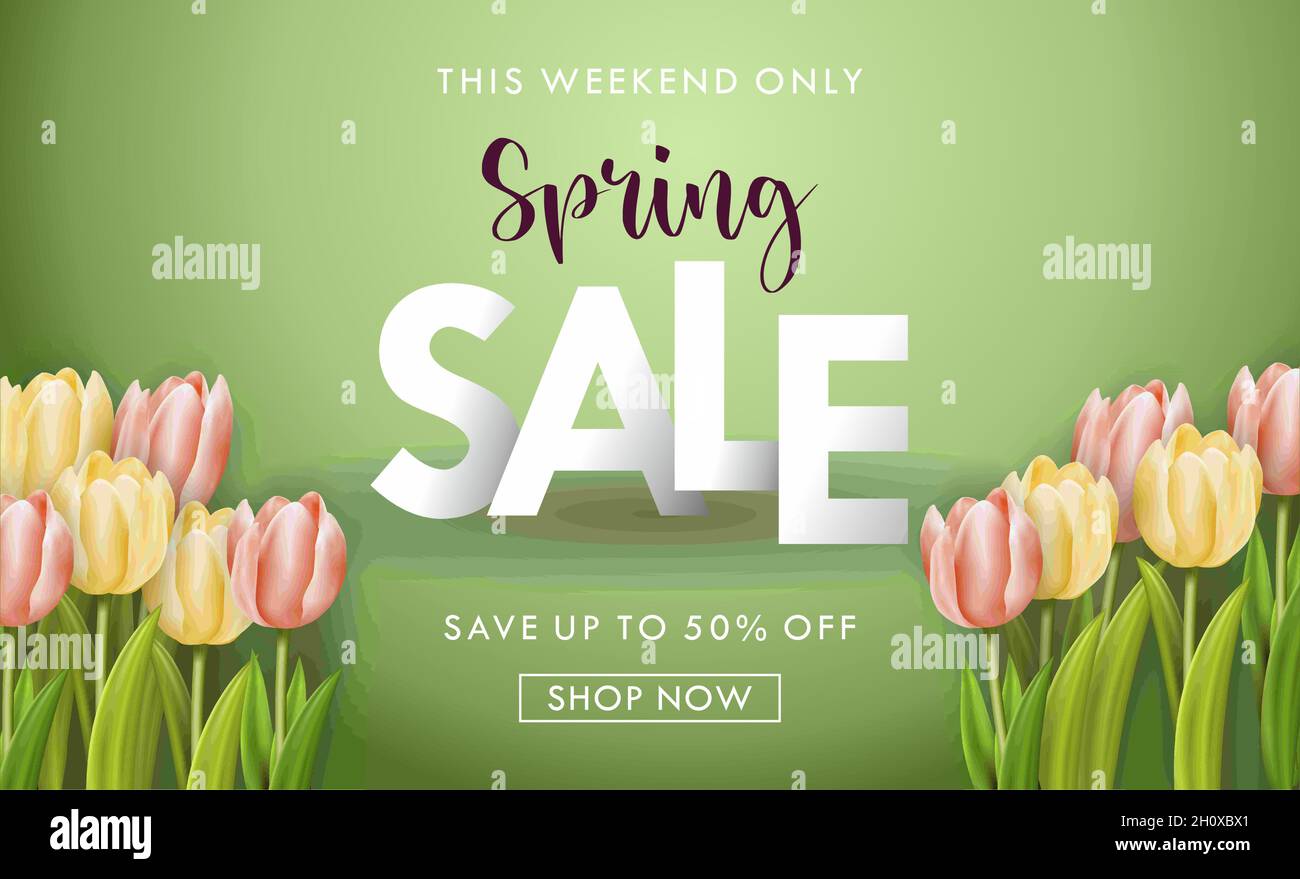 Vendita di primavera in verde con tulipani rosa e giallo Illustrazione Vettoriale
