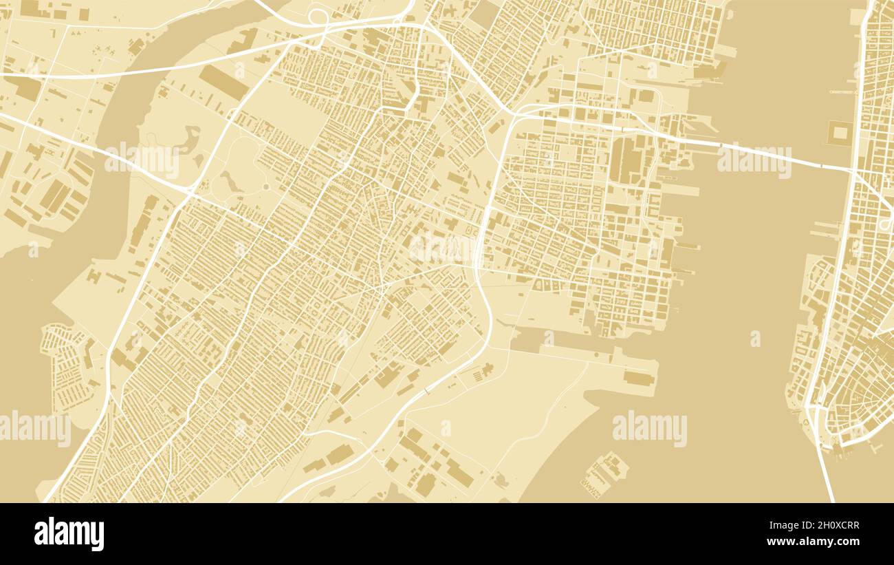 Cartografia vettoriale di sfondo, strade e acquatica gialla della città di Jersey. Streetmap digitale con proporzioni widescreen e design piatto. Illustrazione Vettoriale