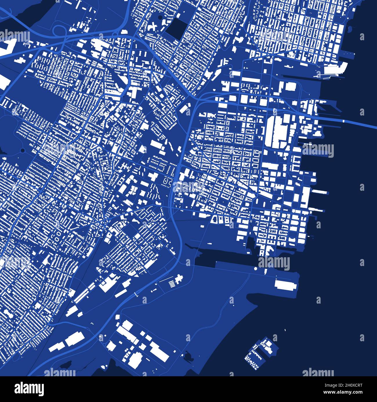 Poster dettagliato della mappa blu dell'area amministrativa di Jersey City. Panorama dello skyline. Carta turistica grafica decorativa del territorio di Jersey. Vettore senza royalty Illustrazione Vettoriale