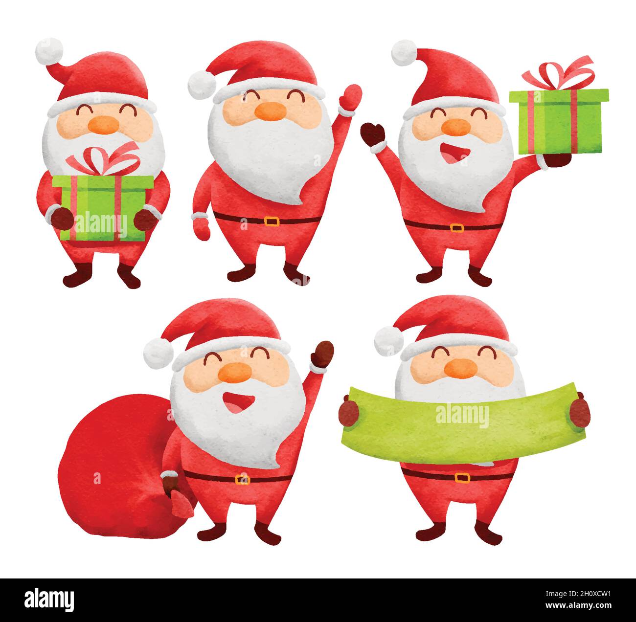 Set di illustrazioni di natale di babbo natale isolato su bianco. Acquerello babbo natale e personaggio di Capodanno. Illustrazione Vettoriale