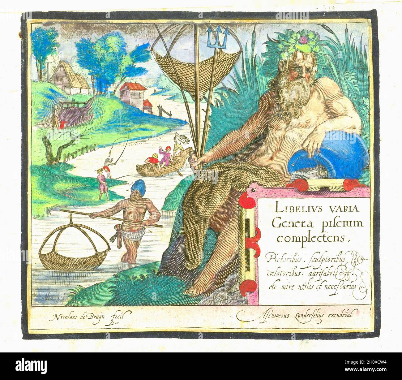 Nicolaes de Bruyn - Rivergod con Trident e Fishnet in Paesaggio con pescatori Foto Stock