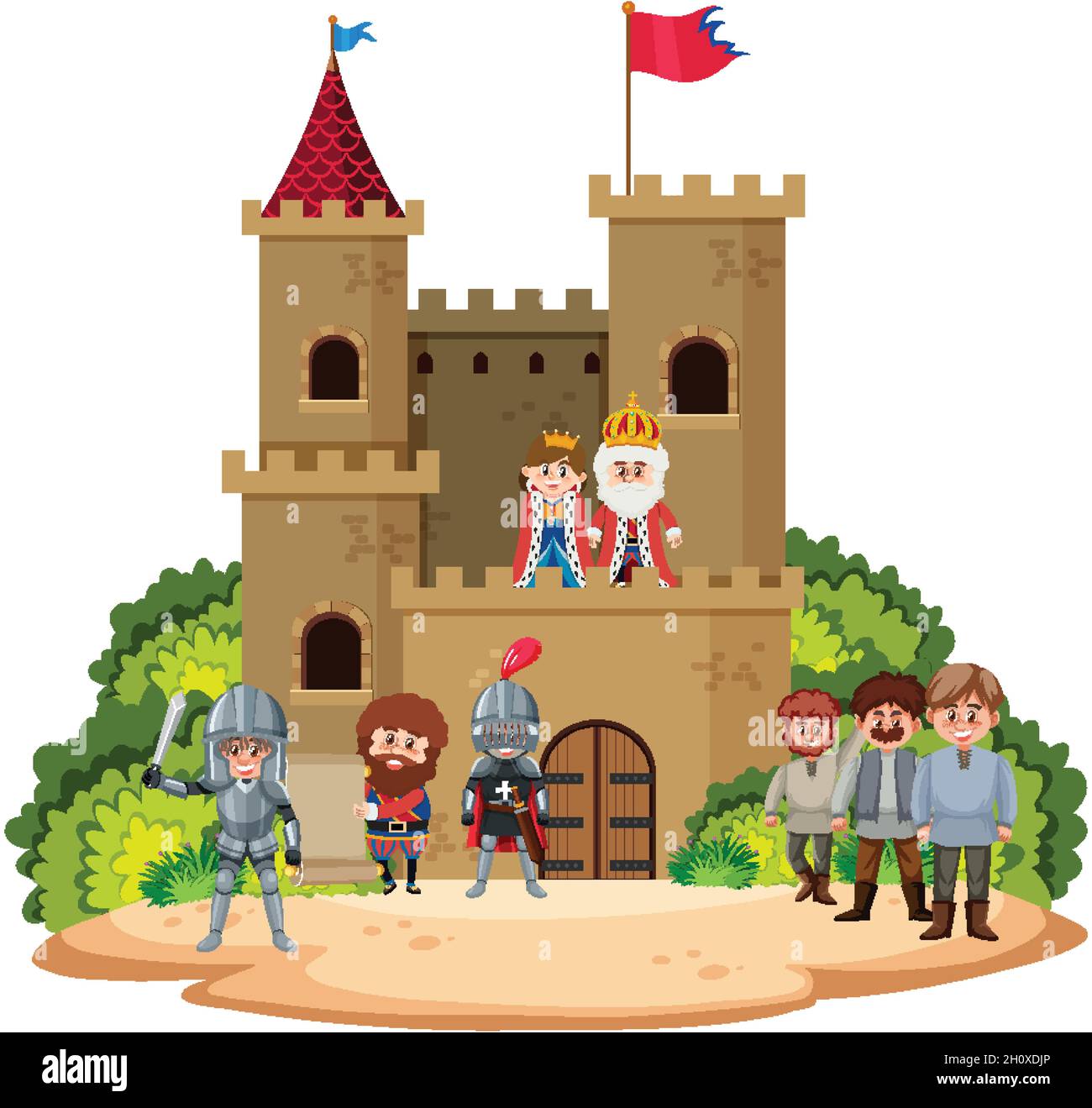 Castello storico medievale con illustrazione della famiglia reale Illustrazione Vettoriale