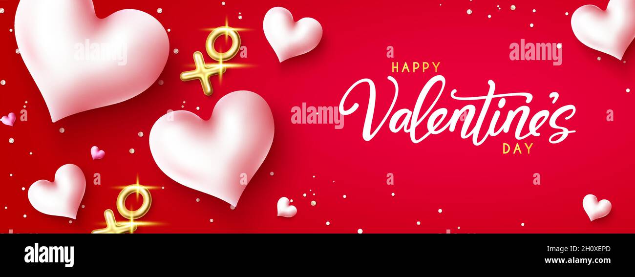 Valentines saluto vettore background design. Buon San Valentino testo in spazio rosso con cuori, palloncino e confetti decorazione per San Valentino. Illustrazione Vettoriale