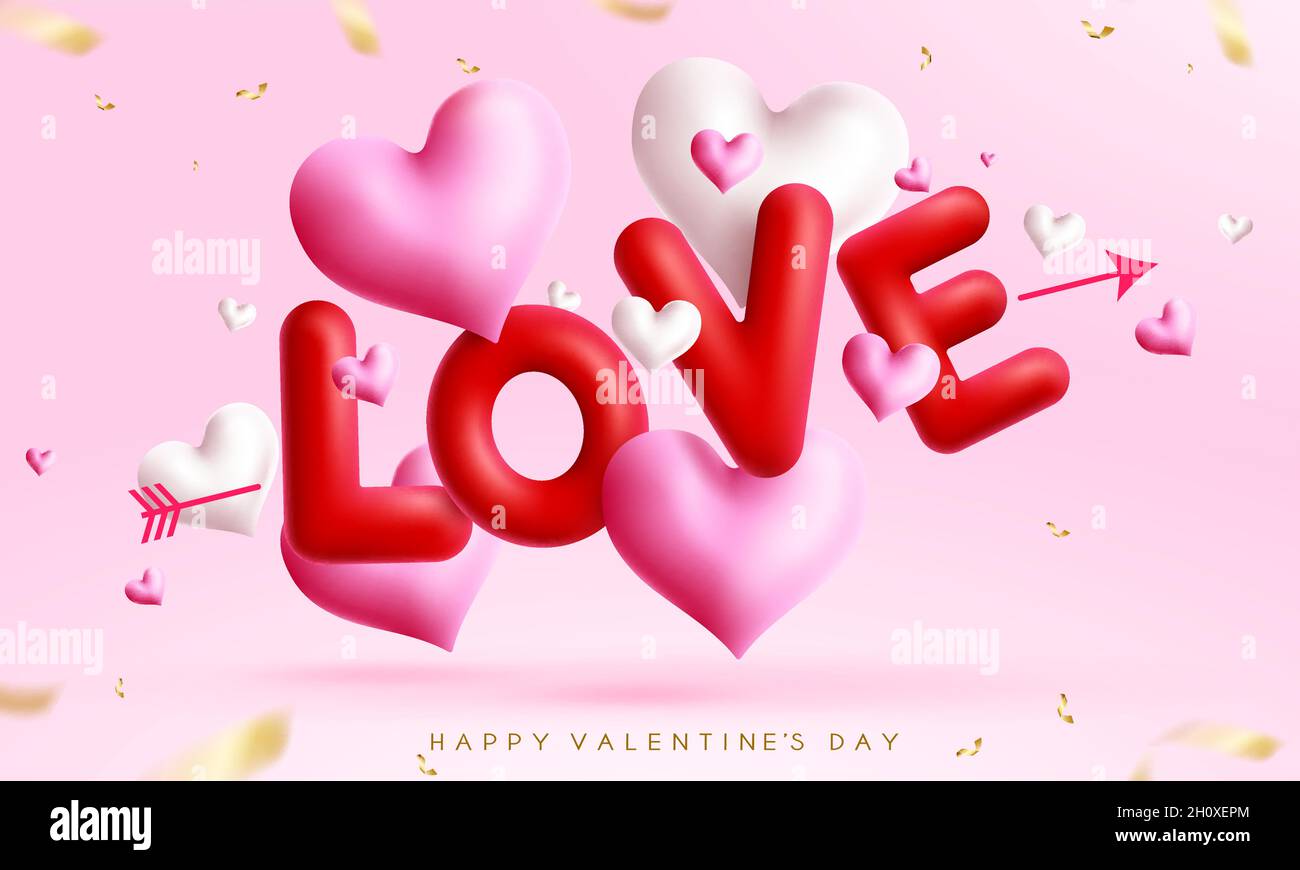 Amore valentines concetto vettoriale design. Love 3d testo per la decorazione e il saluto di San Valentino con carino cuore galleggiante palloncini elemento in rosa. Illustrazione Vettoriale