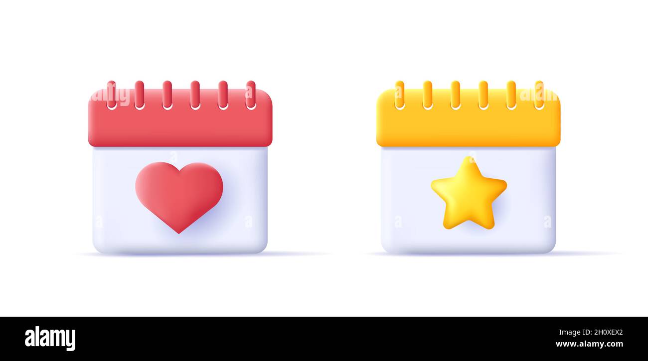 le icone del calendario 3d con il cuore e le stelle in rosso e giallo,  rendono lo stile grafico Immagine e Vettoriale - Alamy