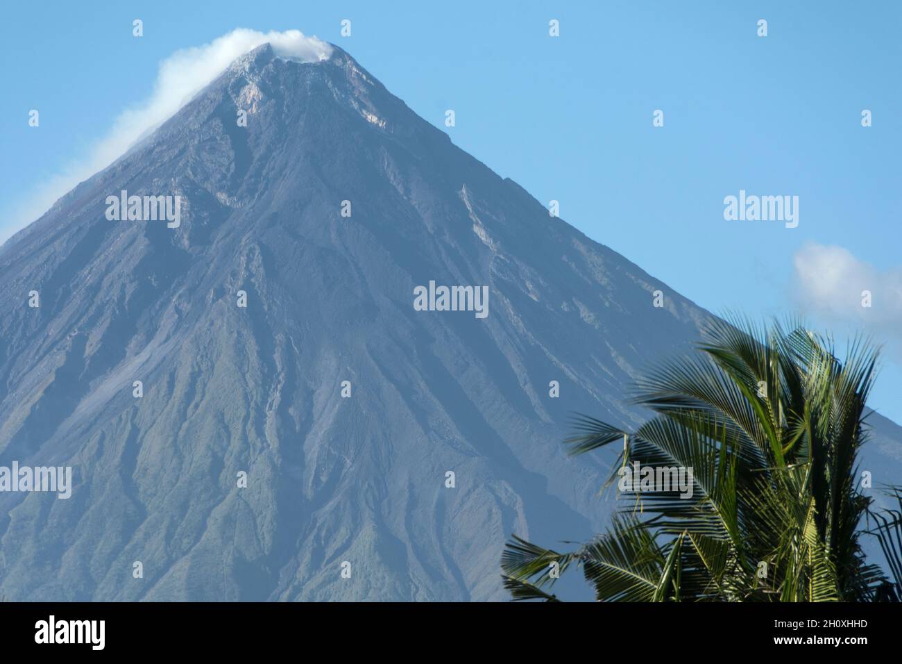 Monte Mayon, lo stratovulcano più attivo delle Filippine. Vista dalla città di Legazpi, provincia di Albay, regione di Bicol, isola di Luzon Foto Stock