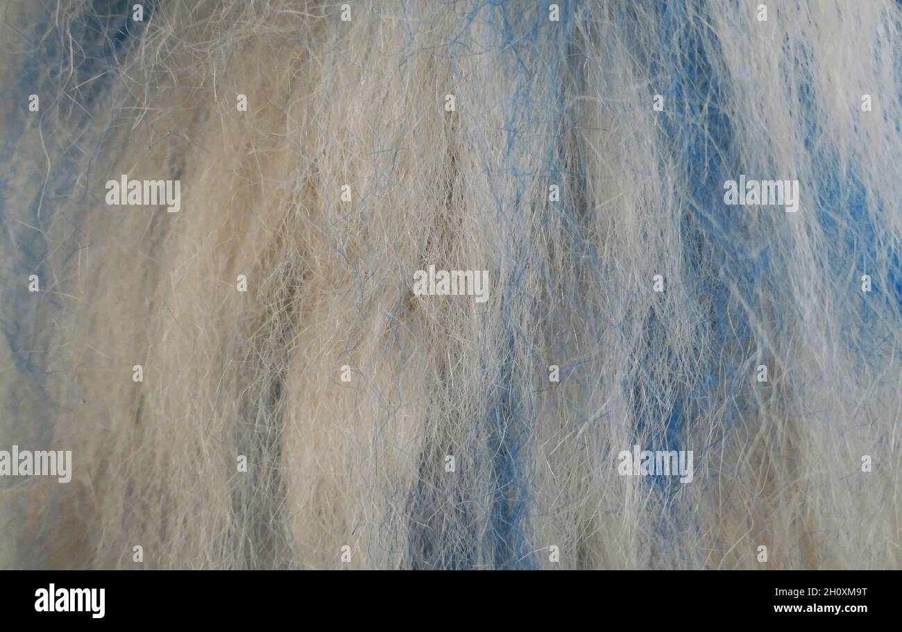 Fili soffici di lana nei colori blu e bianco Foto Stock