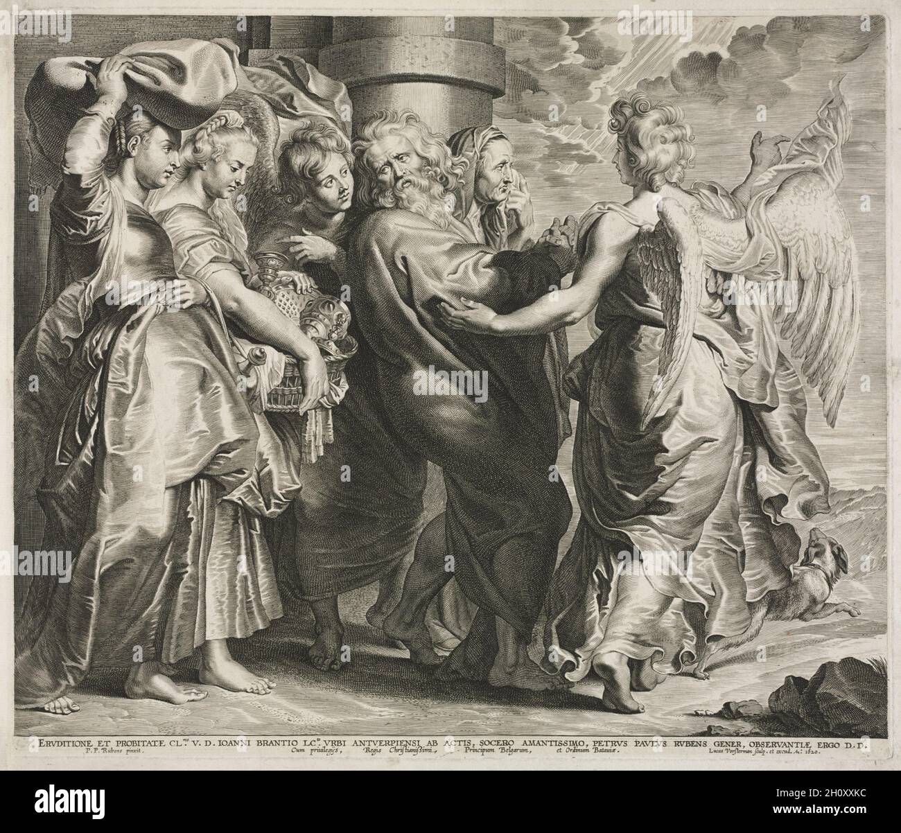 Lot e la sua famiglia lasciando Sodoma, 1620. Lucas Emil Vorsterman (Fiammingo, 1595-1675), dopo Peter Paul Rubens (Fiammingo, 1577-1640). Incisione; Foto Stock