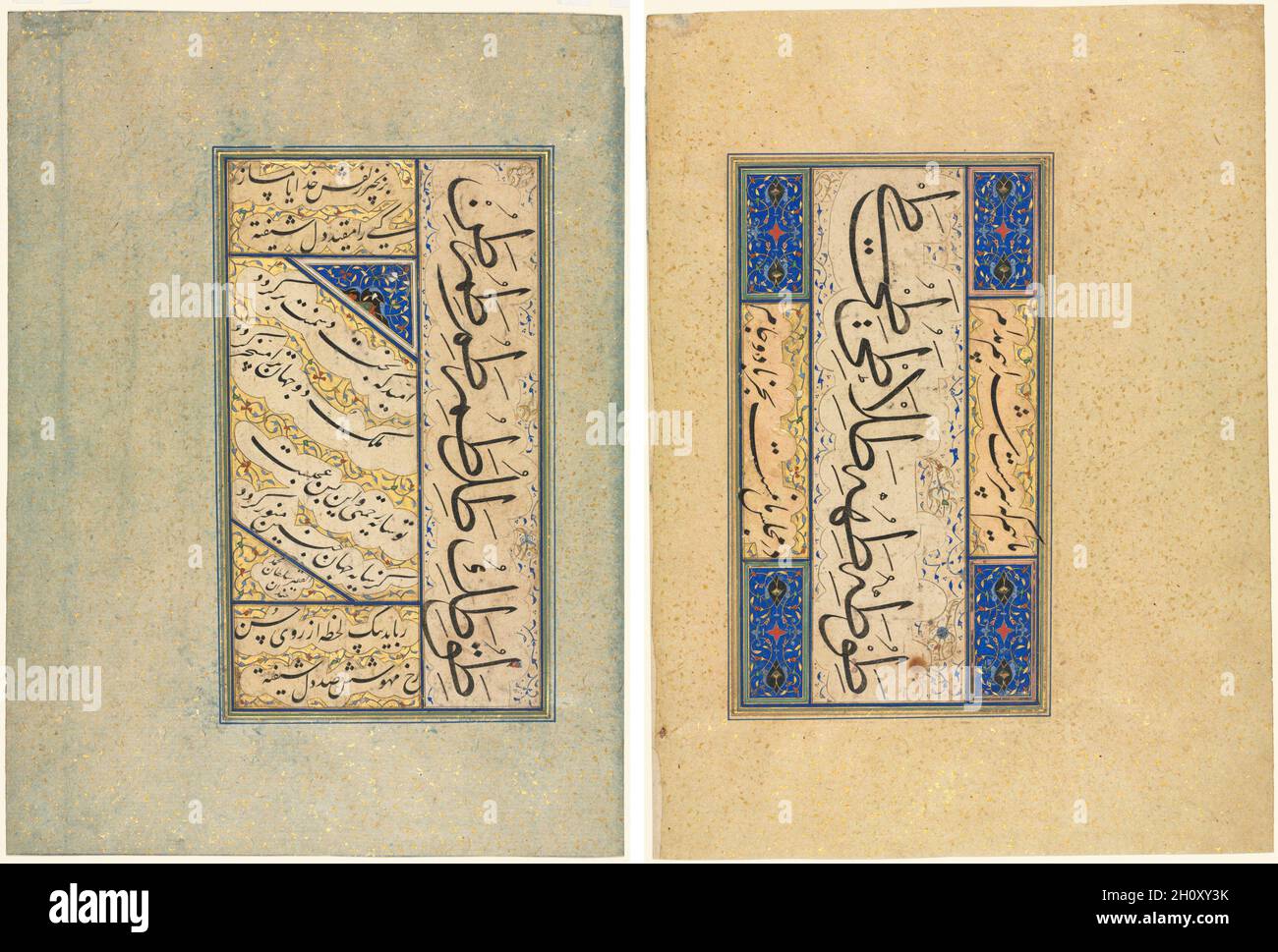 Quatraini persiani (Rubayi) ed esercizi calligrafici (recto); versi  persiani (khamriyya) (verso), c.. 1509–50. Sultan Muhammad Khanan  (Iraniano, morto dopo il 1550). Inchiostro, oro e acquerello opaco sulla  carta; questa pagina contiene due