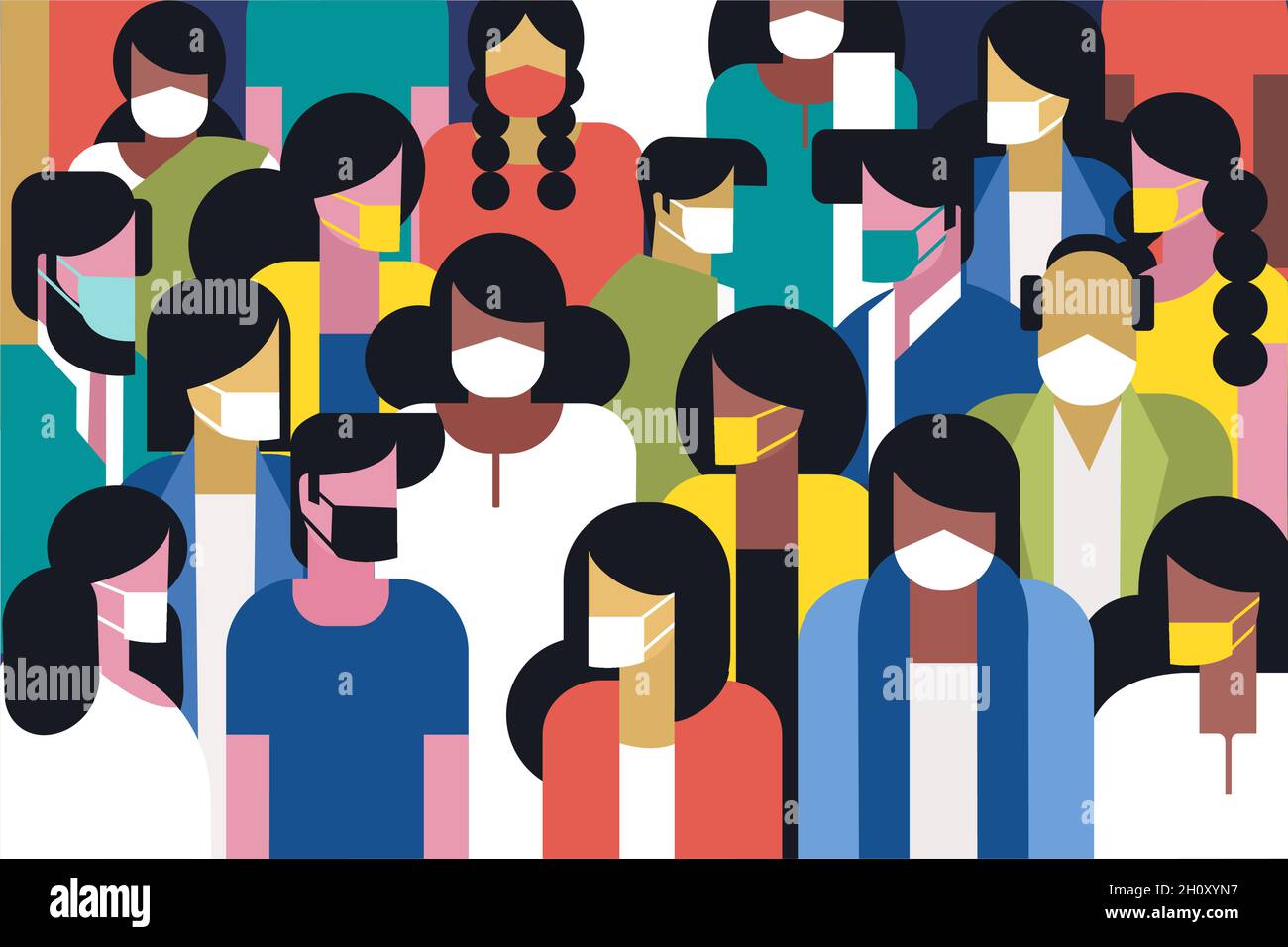 Gruppo di persone che indossano maschere protettive Illustrazione Vettoriale