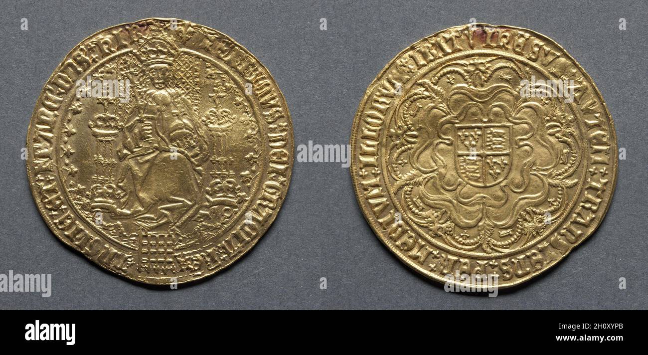 Sovrano: Enrico VIII Entrono (obverso); armi reali su Tudor Rose (inverso), 1526–44. Inghilterra, Enrico VIII, 1509-1547. Oro; diametro: 4.2 cm (5/8 poll.). Durante la sua vita Enrico VII aveva accumulato enormi ricchezze e prese suo figlio Enrico VIII fino al 1542 per sperperla. Henry sapeva come la moneta inglese era stata debasata in passato e non capiva perché non avrebbe dovuto essere nuovamente debasata, questa volta per il suo personale beneficio. Indipendentemente dall'inevitabile catastrofe finanziaria, ha colto questo facile ricavo e negli ultimi anni non solo ha debasato la moneta d'oro a 20 ct., ma anche l'argento, Foto Stock