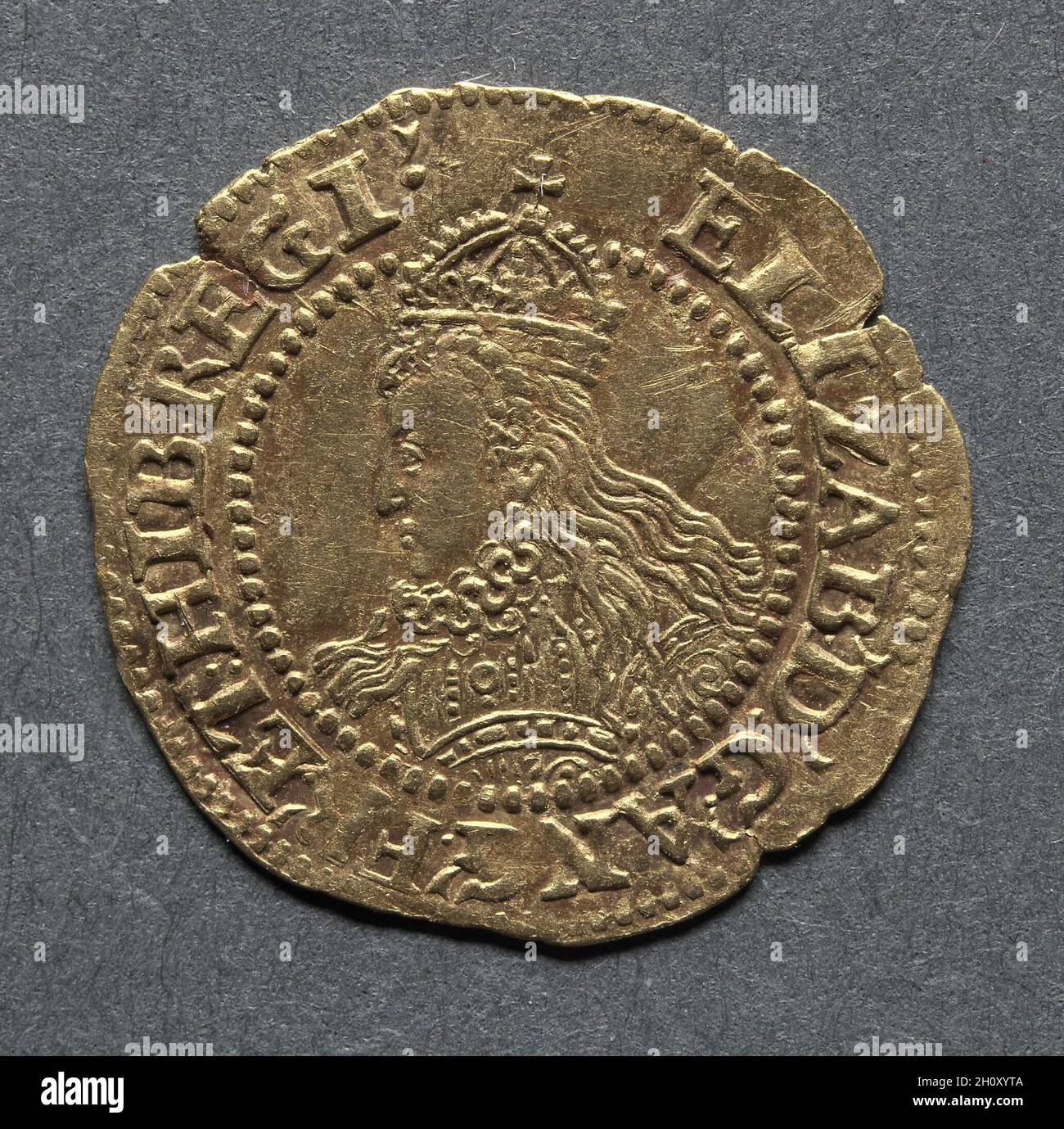 HalfCrown: Elisabetta i (obversa), 1592–95. Inghilterra, Elizabeth i, 1558-1603. Oro; diametro: 1.5 cm (9/16 poll.). Foto Stock