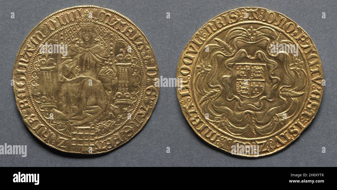 Sovrano: Mary Enthroned (obverse); scudo di armi reali su una rosa Tudor (reverse), 1553. Inghilterra, Mary, 1553-1554. Oro; diametro: 4.3 cm (11/16 poll.). Venendo al trono, Maria annunciò che avrebbe riportato il conio al suo pieno valore. Questo sovrano di trenta scellini è di oro standard, 23 carati, 3 1/2 grani. I pezzi d'argento fini del regno erano in metallo, 11 oz. Fine. Queste monete sono così della stessa finezza di quelle di Edoardo VI; l'argento è, infatti, 1 dwt. Più povero. Questa moneta è rara e simile ad un'altra nella collezione di Edoardo VI, 1969.177. Foto Stock