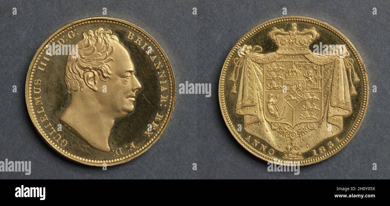 Due pezzi di sterlina: George IV (obverse); Shield of Arms (reverse), 1831. Inciso da Jean Baptiste Merlen (francese, 1769-1850), William Wyon (inglese, 1795-1851). Oro; diametro: 3.8 cm (1/2 poll.). Il pezzo da due libbre in questo regno fu colpito solo come un picchettino nel 1831. Di nuovo, come nell'ultimo regno, un numero limitato di insiemi di prova è stato colpito e questa moneta è stata inclusa negli insiemi. Dal momento che non è mai entrato in circolazione è propriamente chiamato un modello. Foto Stock