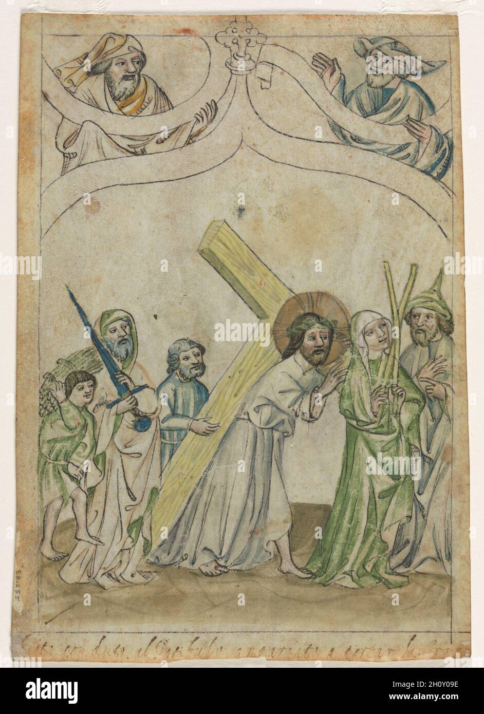 Foglia singola da una 'Biblia Pauperum': Cristo che porta la Croce (verso), c.. 1410. Germania, Baviera. Inchiostro e tempera su pergamena; foglio: 19.8 x 14.2 cm (7 13/16 x 5 9/16 pollici). Conosciuto anche come la Bibbia del povero uomo, il Biblia Pauperum era un semplice libro di immagini usato per spiegare profezie bibliche e simbolismo. Questi volumi servivano da aiuto ai predicatori per dimostrare l'unità della Bibbia. L'iconografia di questi libri popolari giustappone due scene dell'Antico Testamento con una della vita di Cristo. In questo esempio, l'immagine di Cristo che porta la croce è inserita tra Abramo e Isacco su t Foto Stock