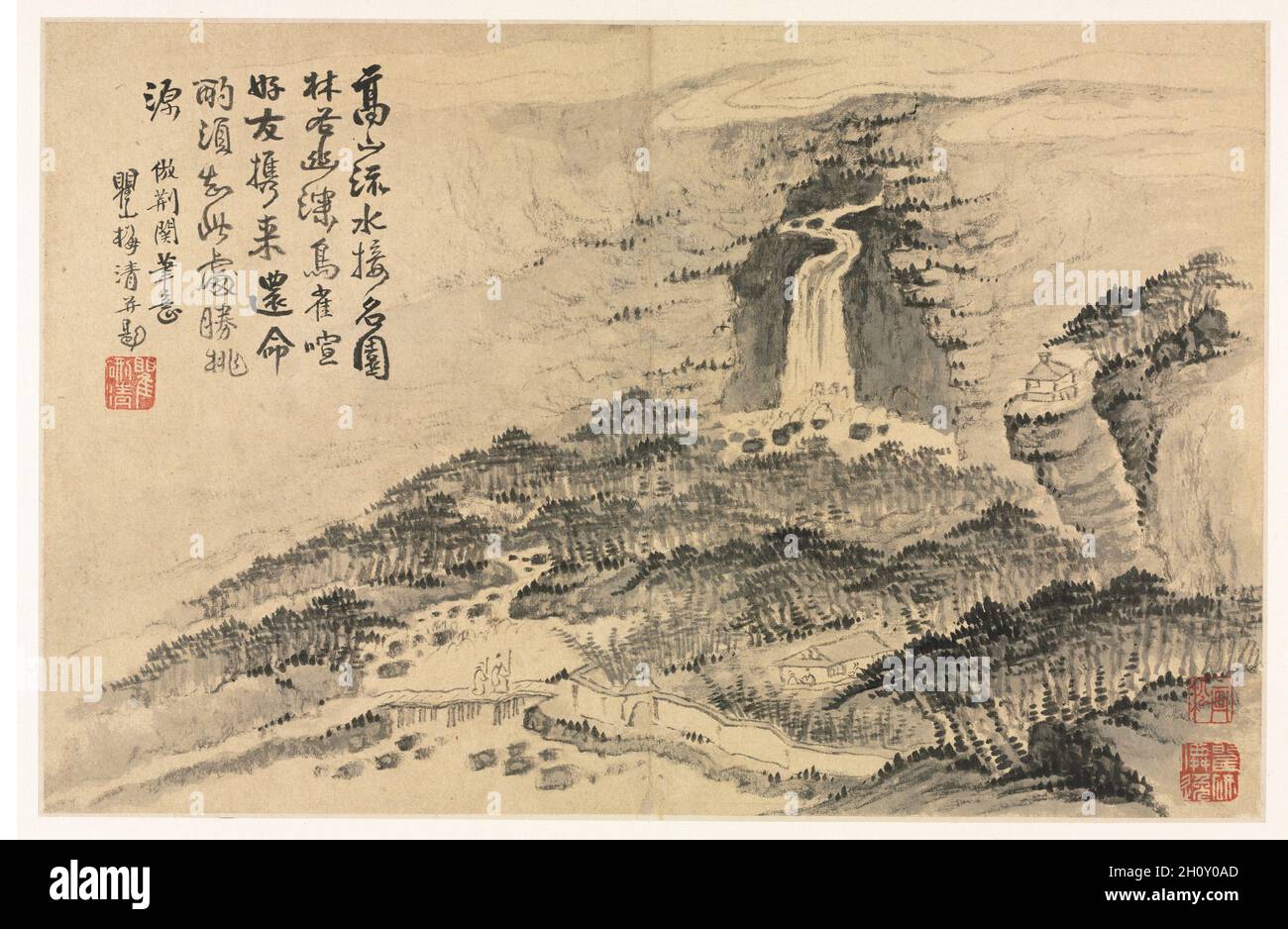 Paesaggi dopo vari stili di vecchi maestri, 1690. Mei Qing (cinese, 1623-1697). Foglio dell'album: Inchiostro e colore su carta; totale: 28.6 x 44 cm (11 1/4 x 17 5/16 pollici). Foto Stock