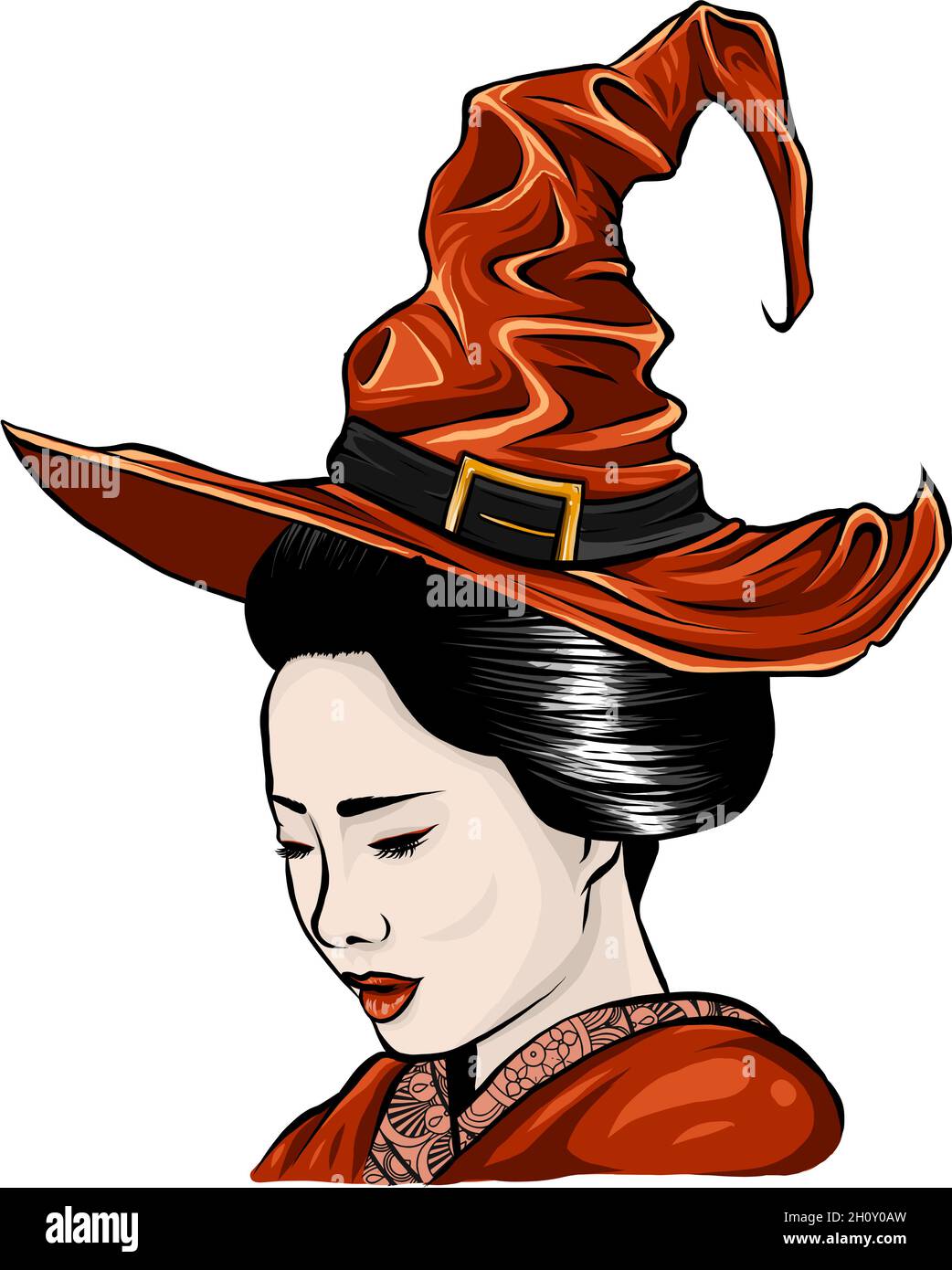 Una bella strega geisha sul cappello di Halloween Illustrazione Vettoriale