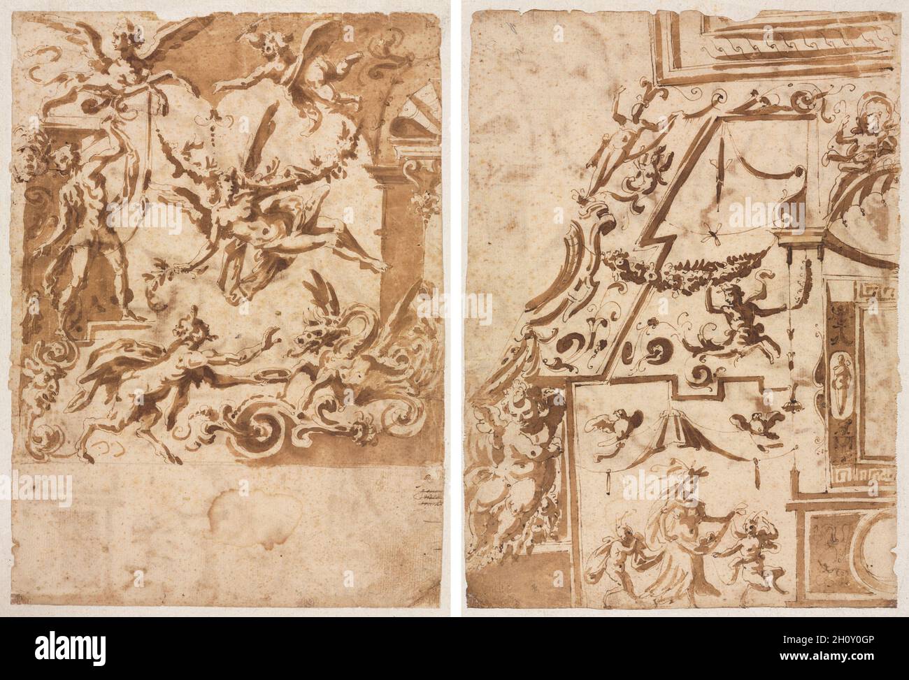 Grottesco con un satiro alimentazione di un drago (recto); grottesco con un centauro saltando (verso), c. 1565/1588. Marco Marchetti (Italiano, 1565-1588). Penna e inchiostro bruno e spazzola e lavaggio marrone, oltre le tracce di gesso nero; foglio: 27,4 x 19,8 cm (10 13/16 x 7 13/16 in.); supporto secondario: 31,4 x 23 cm (12 3/8 x 9 1/16 in.). Foto Stock