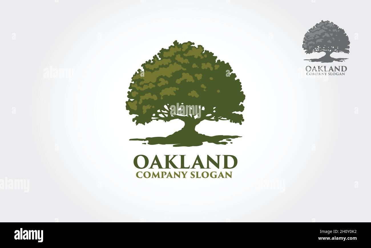 Logo Oak Land Vector. Silhouette vettoriale di un albero. L'albero è simbolo di forza, longevità, fertilità, speranza e continuità. Illustrazione Vettoriale