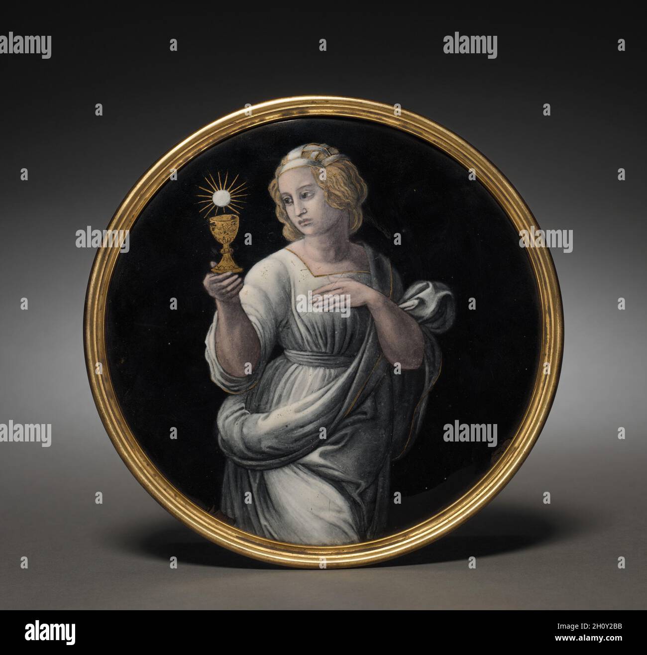 Smalto circolare la placca con la figura di Ecclesia (?), del XVI secolo. Francia, stile di Limoges, lo stile del XVI secolo. Smalti su rame; montato su stampato telaio in ottone; diametro: 17,9 cm (7 1/16 in.). Foto Stock