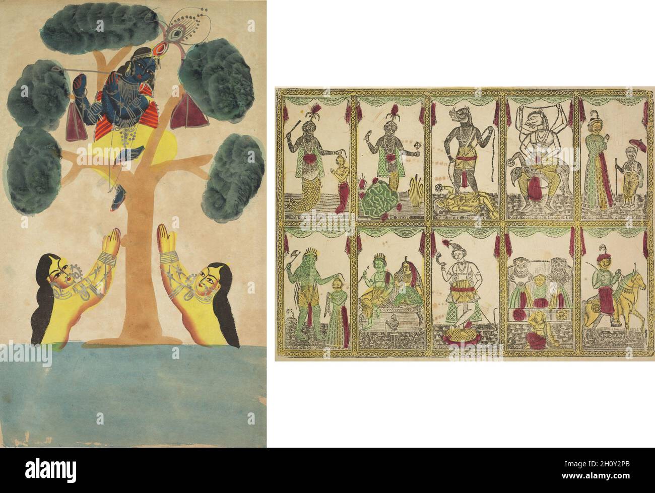 Krishna ruba i vestiti delle Cowgirl (Gopis) (recto); Das Avataras, dieci incarnazioni di Vishnu (verso), c.. 1890. India orientale, Bengala, Kolkata, Kalighat. Acquerello, grafite, inchiostro e stagno su carta; supporto secondario: 48.5 x 29.9 cm (19 1/8 x 11 3/4 poll.). In questa immagine tratta da entrambi i racconti popolari e dalla Bhagavata Purana, Krishna ha rubato i vestiti delle cowgirl (gopis) che stanno facendo il bagno nel fiume Yamuna, un affluente del fiume Ganges. Si rifiuta di restituire i loro vestiti, i sari porpora visti appesi in alto nell'albero, fino a quando escono e si inchinano a lui con palme piegate. Kris Foto Stock