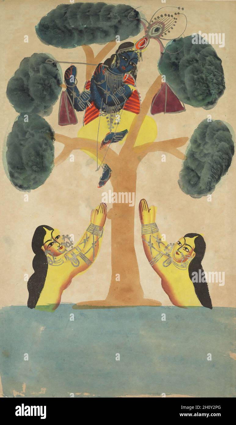 Krishna ruba i vestiti delle Cowgirls (Gopis) (recto), c.. 1890. India orientale, Bengala, Kolkata, Kalighat. Acquerello, grafite, inchiostro e stagno su carta; supporto secondario: 48.5 x 29.9 cm (19 1/8 x 11 3/4 poll.); solo verniciatura: 45.5 x 28 cm (17 15/16 x 11 poll.). In questa immagine tratta da entrambi i racconti popolari e dalla Bhagavata Purana, Krishna ha rubato i vestiti delle cowgirl (gopis) che stanno facendo il bagno nel fiume Yamuna, un affluente del fiume Ganges. Si rifiuta di restituire i loro vestiti, i sari porpora visti appesi in alto nell'albero, fino a quando escono e si inchinano a lui con palme piegate. Krish Foto Stock