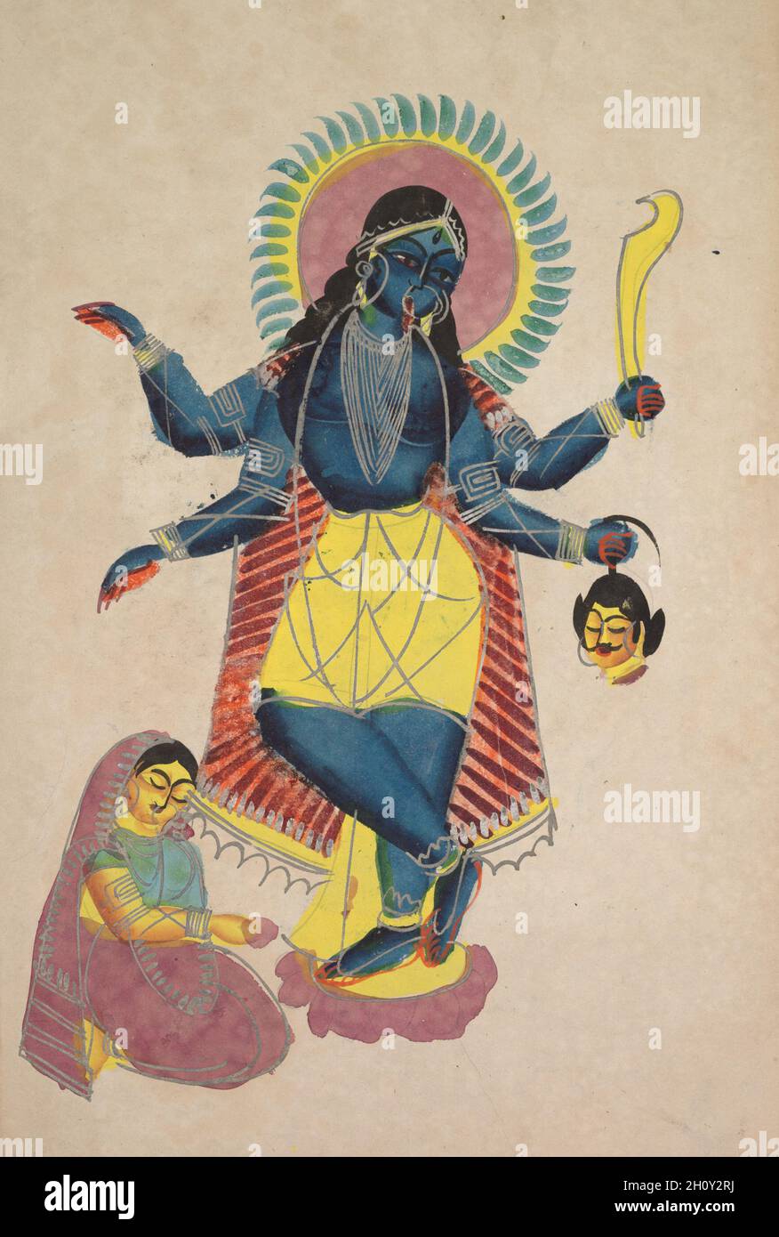 Krishna come Kali adorato da Radha (recto), c. 1890. India orientale, Bengala, Kolkata, Kalighat. Acquerello, grafite e inchiostro su carta; supporto secondario: 48.1 x 29.7 cm (18 15/16 x 11 11/16 poll.); solo verniciatura: 25.4 x 20.4 cm (10 x 8 1/16 poll.). La cowgirl di Krishna (gopi) Radha era la moglie di Ayanaghosha, e la sua devozione a lui trascendeva i legami coniugali. Ogni volta che Radha era insieme a Krishna e suo marito apparve, Krishna si trasformò immediatamente in Kali e Radha nel suo devoto. Radha, un devoto modello, simboleggia l'anima umana e il suo desiderio di dio. La sua disponibilità a rompere il r Foto Stock
