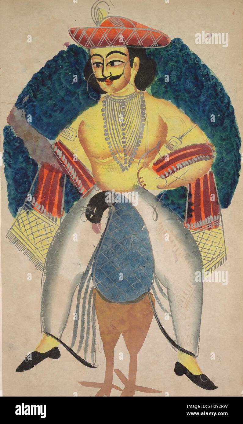 Kartikya, c.. 1890. India orientale, Bengala, Kolkata, Kalighat. Acquerello, grafite, inchiostro e stagno su carta; supporto secondario: 47.8 x 29.1 cm (18 13/16 x 11 7/16 poll.); solo verniciatura: 45.8 x 28.2 cm (18 1/16 x 11 1/8 poll.). Qui Kartikea, dio della guerra e figlio di Shiva e Parvati, nato per annientare il demone Taraka, è provocatoriamente raffigurato come un dandy. Seduto a cavalcare il suo veicolo, il pavone, Kartikya ha un'acconciatura Prince Albert e scarpe europee con fibbie. Con la moda che avvolgono lo scialle, lo sfondo di Karitkeya è un alone creato dalla coda del pavone. Il dipinto integra il Bengalese prevalente Foto Stock