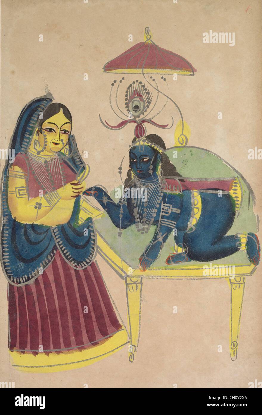 Krishna bambino chiedendo burro da Yashoda, c. 1890. India orientale, Kolkata, Kalighat. Acquerello, grafite, inchiostro e stagno su carta; supporto secondario: 48 x 30 cm (18 7/8 x 11 13/16 poll.); solo verniciatura: 45.7 x 28 cm (18 x 11 poll.). Come incarnazione del dio Indù Vishnu, i cui seguaci riconoscono come la divinità che crea e distrugge l'universo, Krishna mangiava sempre. Come il tempo stesso, che alla fine consuma tutto, Krishna mangia così tanto la madre adottiva Yashoda non può crederlo. Quando guarda in bocca, vede il cosmo e si rende conto che non è un bambino ordinario. Foto Stock