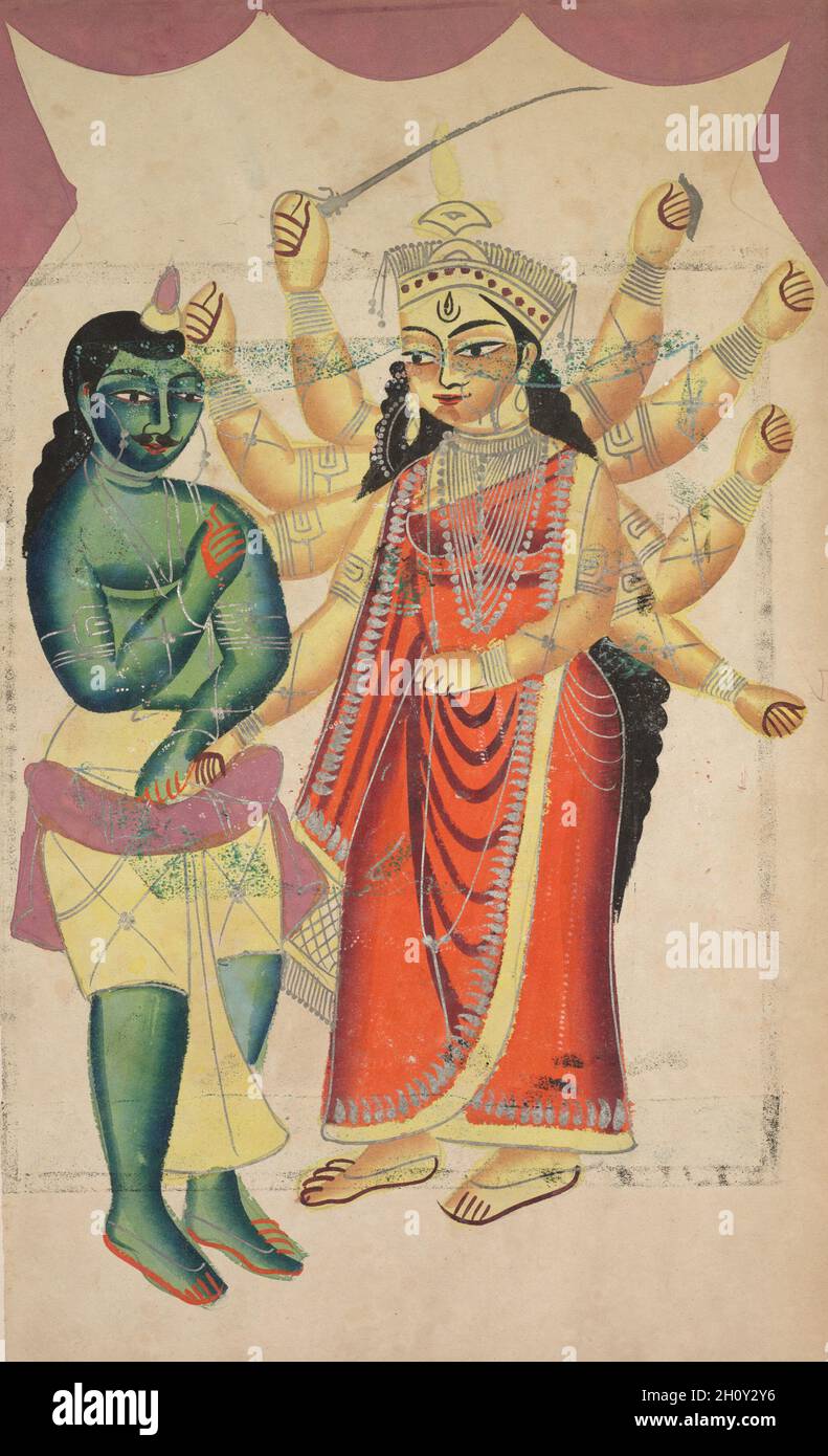 Durga (verso), c.. 1890. India orientale, Bengala, Kolkata, Kalighat. Acquerello, grafite, inchiostro e stagno su carta; supporto secondario: 46.9 x 29.8 cm (18 7/16 x 11 3/4 poll.); solo verniciatura: 45.6 x 27.6 cm (17 15/16 x 10 7/8 poll.). Foto Stock