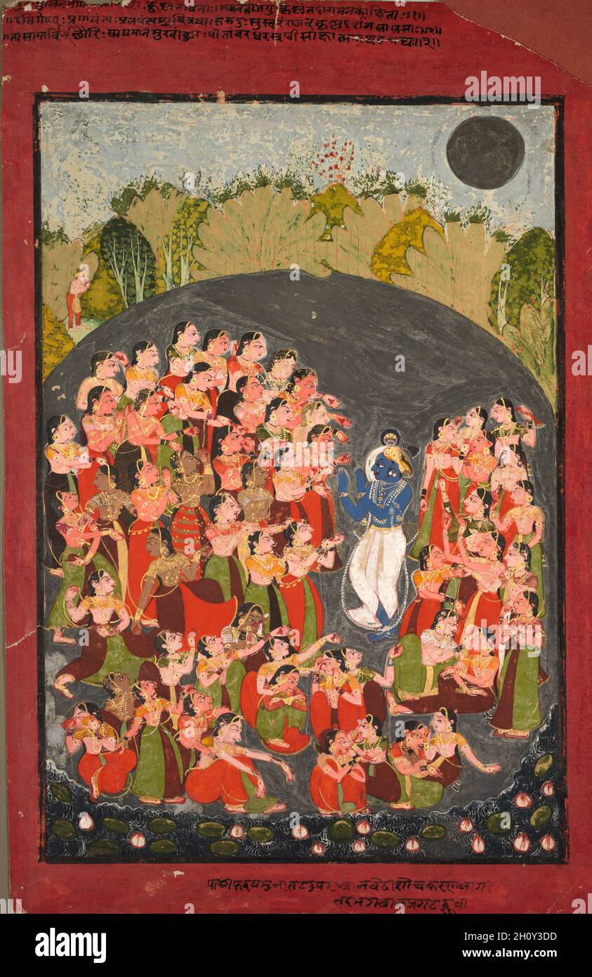 Krishna e il Gopis si riuniscono per Rasamandala, c.. 1720–30. India nordoccidentale, Rajasthan, Rajput Regno di Kota. Colore su carta; immagine: 41.5 x 28.5 cm (16 5/16 x 11 1/4 pollici); totale: 50 x 32.5 cm (19 11/16 x 12 13/16 pollici). Foto Stock