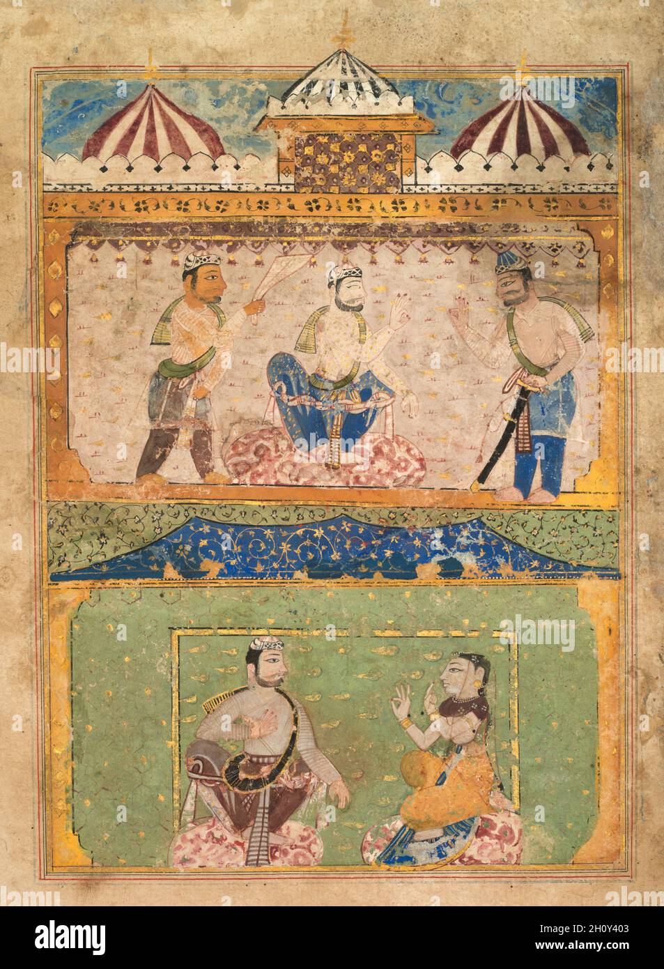 Un viaggiatore convince Lorik a tornare a casa (in alto); oggetti Chanda (in basso), da un Chandayana (Storia di Chanda), c.. 1525–40. Sultanato India. Tempera gengivale, inchiostro e oro su carta; immagine: 19.7 x 14 cm (7 3/4 x 5 1/2 pollici); totale: 25.5 x 20 cm (10 1/16 x 7 7/8 pollici). Foto Stock