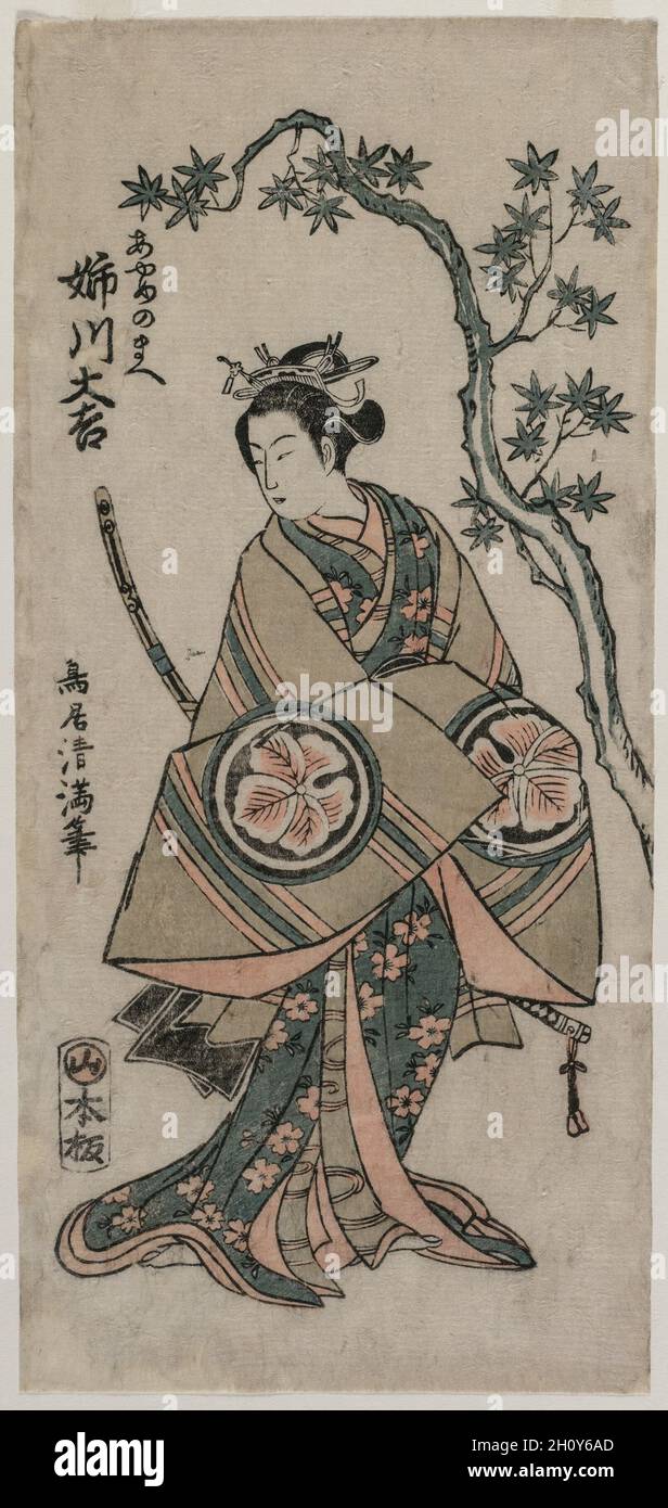 Anekawa Daisuke come Ayame-no-mae, 1760. Torii Kiyomitsu (giapponese, 1735-1785). Colore stampa woodblock; foglio: 31,2 x 14,2 cm (12 5/16 x 5 9/16 in.). Foto Stock
