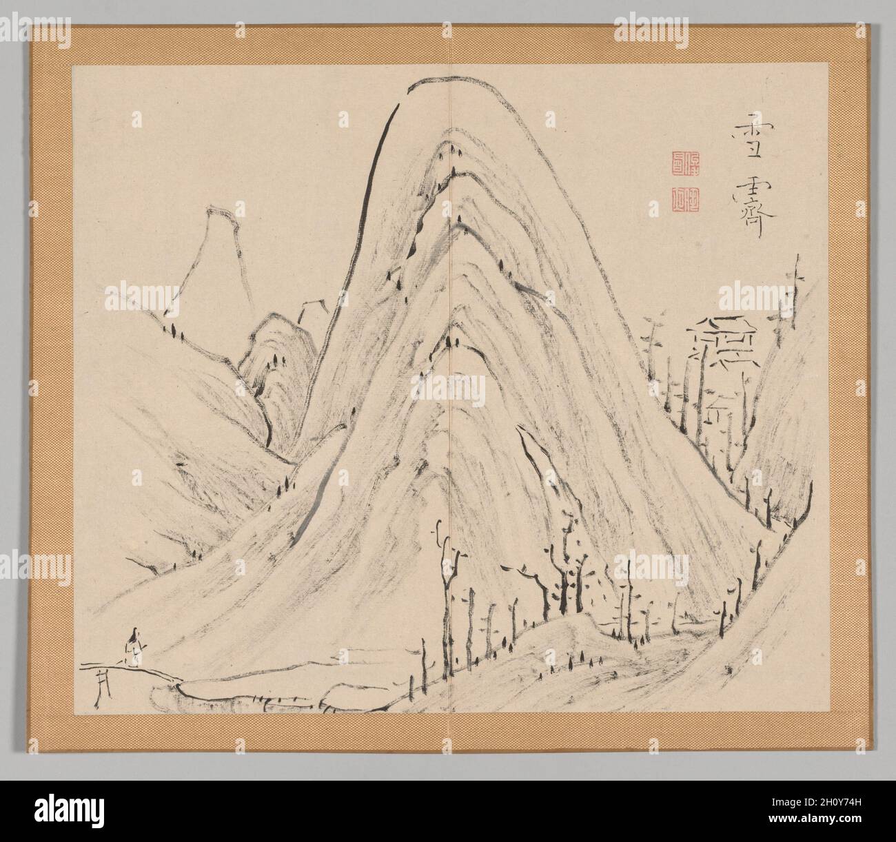 Riverberazioni di Taiga, Volume 1 (foglia 33), da metà a fine 1700. Aoki Shukuya (giapponese, d.. 1802). Coppia di album; inchiostro o inchiostro e colore chiaro su carta; album, chiuso: 28.3 x 33 cm (11 1/8 x 13 pollici). Tradizionalmente, i giovani pittori in Giappone hanno iniziato i loro studi con un maestro-pittore stabilito. Le composizioni del maestro divennero invariabilmente modelli che l'apprendista copiò per imparare varie tecniche di inchiostro e pennello. Shukuya era un allievo del famoso artista di Kyoto Ikeno Taiga, il cui stile si riflette in questi schizzi di rocce, alberi e montagne. Foto Stock