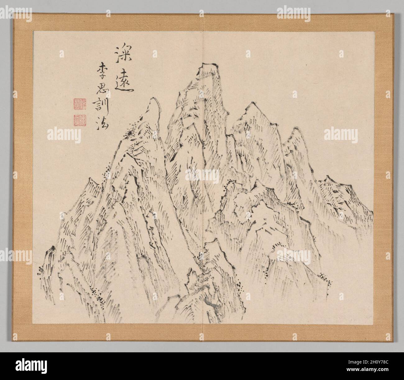 Riverberazioni di Taiga, Volume 2 (foglia 6), da metà a fine 1700. Aoki Shukuya (giapponese, d.. 1802). Coppia di album; inchiostro o inchiostro e colore chiaro su carta; album, chiuso: 28.3 x 33 cm (11 1/8 x 13 pollici). Tradizionalmente, i giovani pittori in Giappone hanno iniziato i loro studi con un maestro-pittore stabilito. Le composizioni del maestro divennero invariabilmente modelli che l'apprendista copiò per imparare varie tecniche di inchiostro e pennello. Shukuya era un allievo del famoso artista di Kyoto Ikeno Taiga, il cui stile si riflette in questi schizzi di rocce, alberi e montagne. Foto Stock