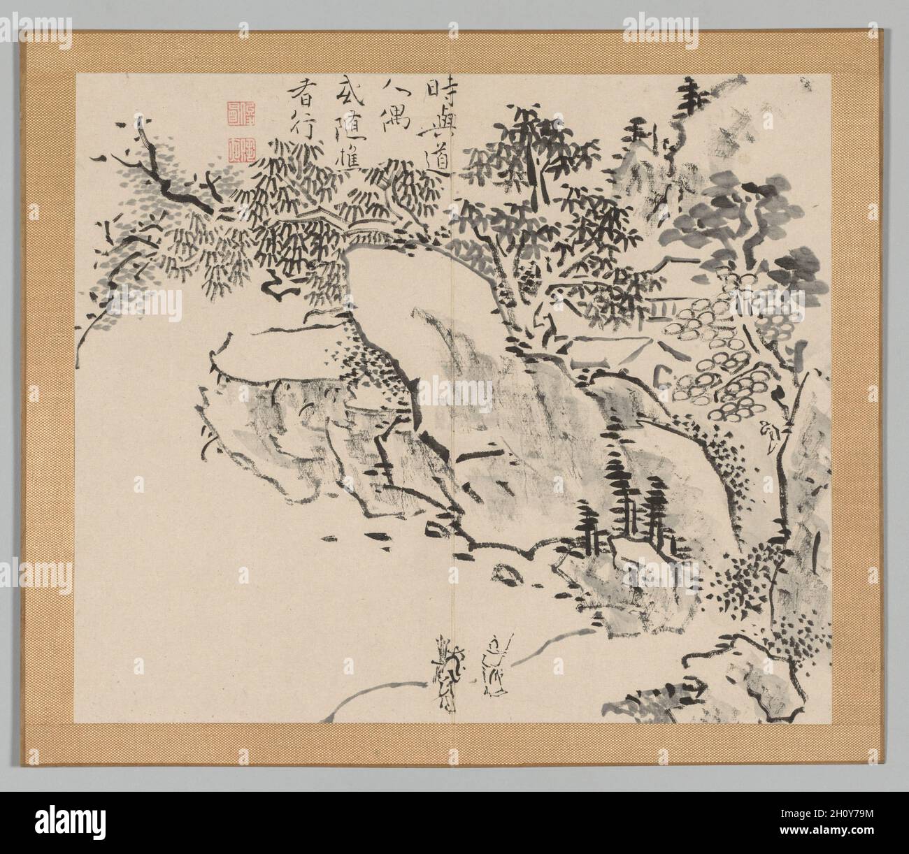 Riverberazioni di Taiga, Volume 2 (foglia 34), da metà a fine 1700. Aoki Shukuya (giapponese, d.. 1802). Coppia di album; inchiostro o inchiostro e colore chiaro su carta; album, chiuso: 28.3 x 33 cm (11 1/8 x 13 pollici). Tradizionalmente, i giovani pittori in Giappone hanno iniziato i loro studi con un maestro-pittore stabilito. Le composizioni del maestro divennero invariabilmente modelli che l'apprendista copiò per imparare varie tecniche di inchiostro e pennello. Shukuya era un allievo del famoso artista di Kyoto Ikeno Taiga, il cui stile si riflette in questi schizzi di rocce, alberi e montagne. Foto Stock