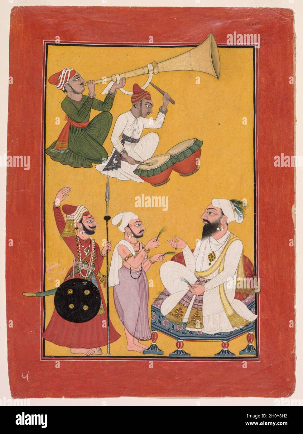 Celebrazioni della nascita di Krishna, da un Bhagavata Purana, c.. 1730. India settentrionale, Jammu e Kashmir, Mankot, XVIII secolo. Inchiostro e colori su carta; immagine: 22.9 x 15.2 cm (9 x 6 pollici); con tappetino: 49 x 36.3 cm (19 5/16 x 14 5/16 pollici). Il regno indù di Mankot ai piedi delle colline occidentali dell'Himalaya sviluppò uno stile di pittura audace in cui figure in stretto profilo si distinguono contro un intenso terreno giallo. I musicisti annunciano con entusiasmo l'arrivo del neonato Krishna nel villaggio di Vraj, dove era un neonato broughta per crescere fino alla maturità in sicurezza tra i cowherders. Era se Foto Stock