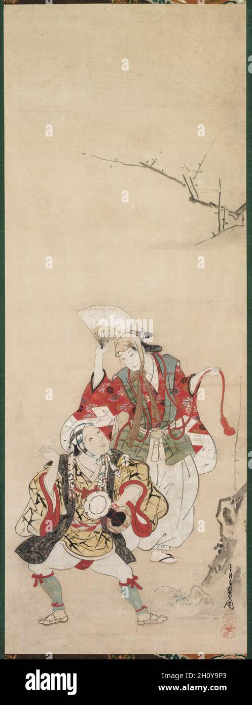Ballerini primaverili (Manzai), primi a metà del 1800. Miyagawa Chōshun (giapponese, 1683-1753). Rotolo sospeso; inchiostro e colore su carta; solo pittura: 84.1 x 31.4 cm (33 1/8 x 12 3/8 poll.). Manzai è il termine giapponese per i ballerini fumettisti che girano. Il dipinto raffigura uno dei piaceri tradizionali della stagione primaverile. Foto Stock