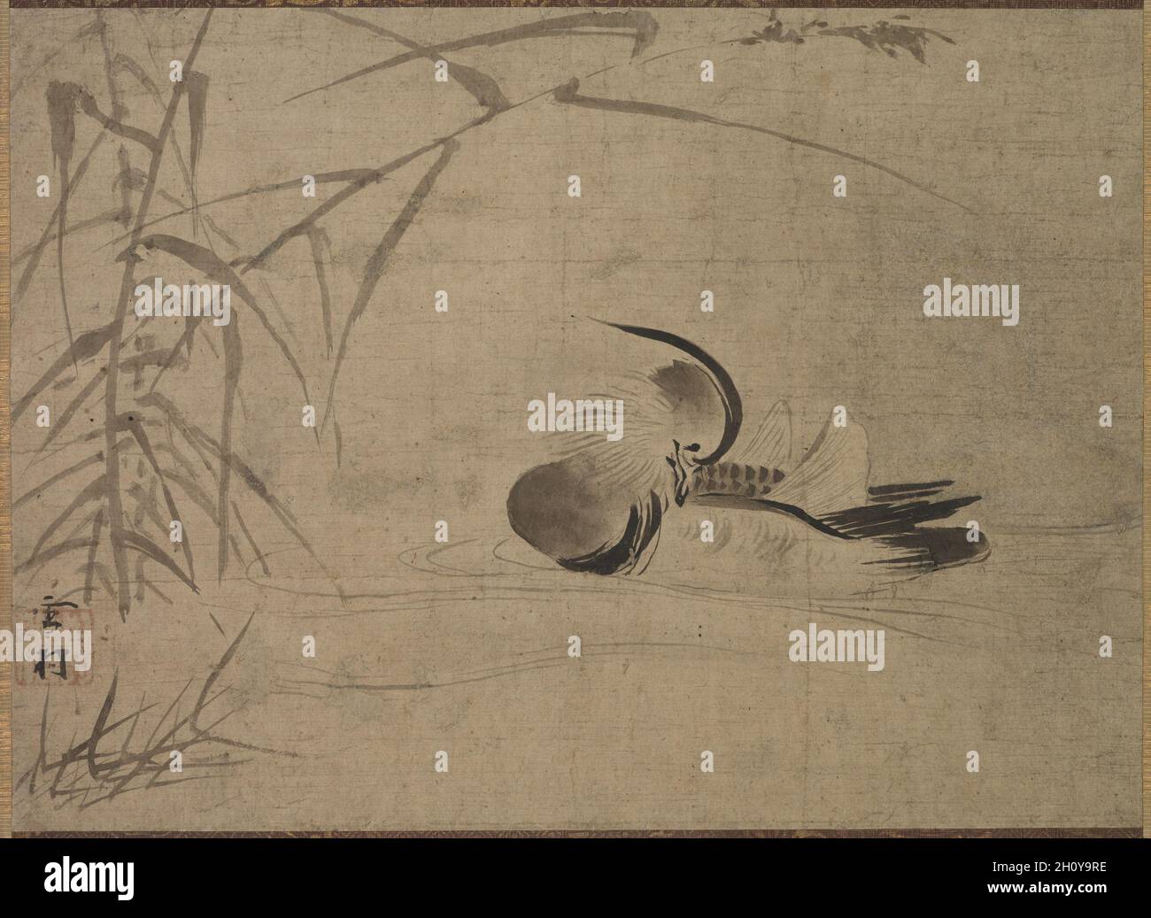 Anatra mandarino, 1500. Sesson Shūkei (giapponese, 1504-1589). Rotolo sospeso; inchiostro su carta; solo pittura: 30 x 41.4 cm (11 13/16 x 16 5/16 poll.); supporto incluso: 110 x 58.4 cm (43 5/16 x 23 poll.). In questo dipinto, l'artista ha raffigurato una scena di un'anatra solitaria che galleggia da canne in una sottile disposizione di tonalità di inchiostro asciutte e bagnate, chiare e scure che trasmette la tranquillità del momento. Foto Stock
