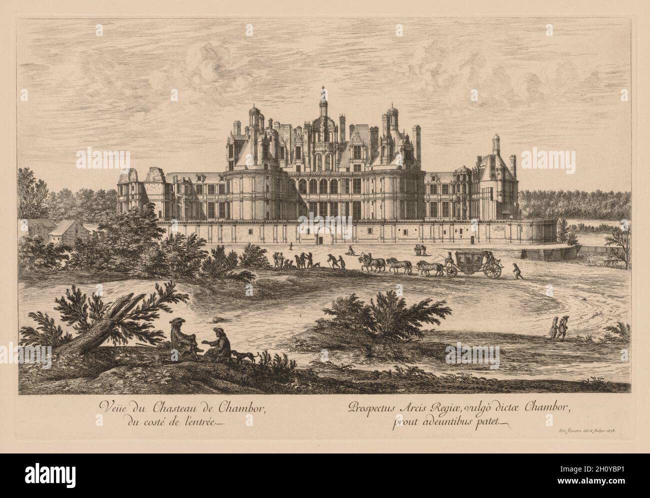 Vue du Château de Chambord, du Côté de l'entrée, 1678. Israël Silvestre (francese, 1621-1691). Incisione; Foto Stock