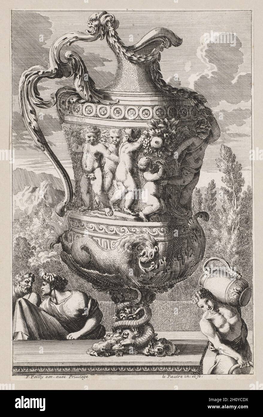 Urna decorativo, 1600s. Jean Le Pautre (Francese, 1618-1682). Incisione; foglio: 23,1 x 15,3 cm (9 1/8 x 6 in.); supporto secondario: 30,3 x 21,7 cm (11 15/16 x 8 9/16 in.). Foto Stock